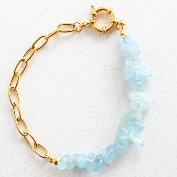 BUNDLE GENUINE AQUAMARINE Stud Earrings & Aquamarine Bracelet non-tarnish Gold - Picture 9 of 15